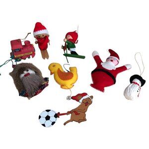 Vintage Christmas Ornament LOT of 8 Fur Painted Flocked Wood Ceramic Unique